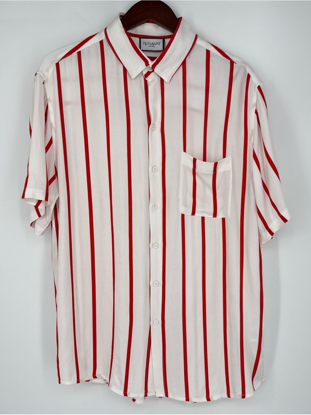 Runaway The Label Elijah Shirt Mens Large Red White Striped Rayon Button Up L